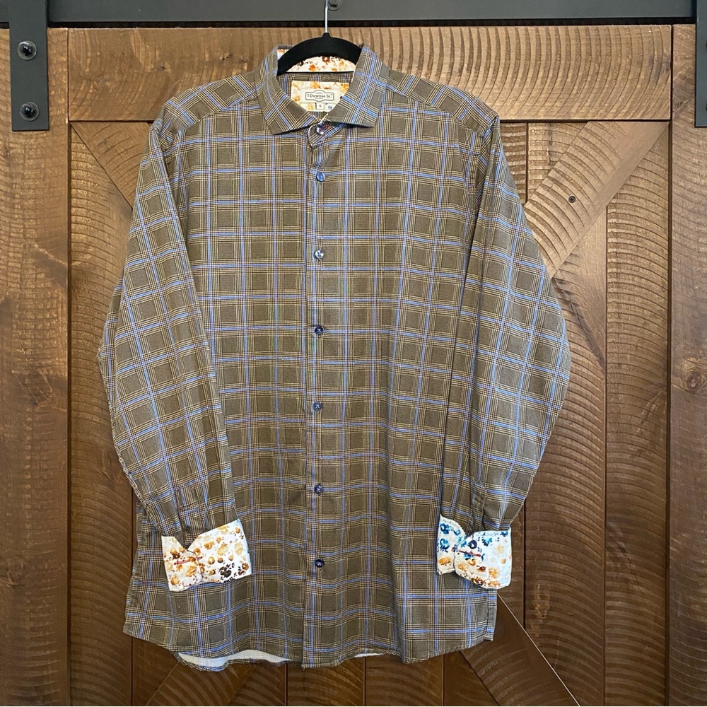 7 Downie St. Plaid Print Flip Cuff Button Down Dress Shirt XL (6)